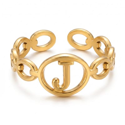 Lundholm Quincy J Ring Dames Goudkleurig – Premium Stainless Steel Jewellery Gold PVD Plated – Verstelbare Ring met Letter J Naam Ring Cadeau Vrouw – One Size – my Scandinavisch Design