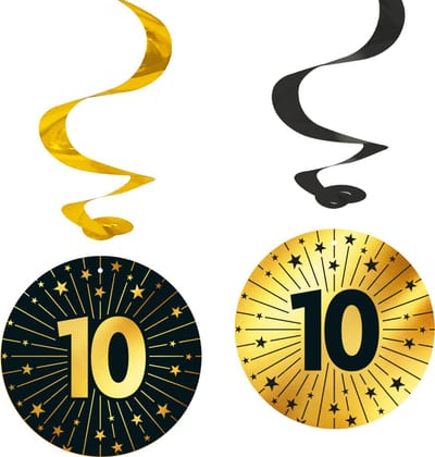 4x Swirls 10 jaar zwart / goud - Golden Celebrations - Verjaardag Feestje Hangdecoratie Versiering Feestdecoratie Decoratie