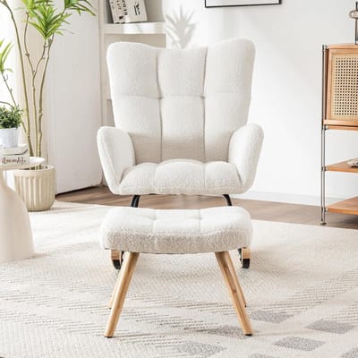 Schommelstoel met voetenbank - Loungestoel relax - Ontspannen Zitten - Stabiel rubberhout frame - 92 cm hoog - Wit