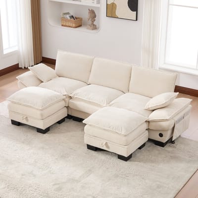 DESMIU Bank Set 260 Cm - Modulaire 3-Zits Met 2 Hockers, USB-C En Zijvakken - Voor Woonkamer Of Ontvangstruimte - Corduroy Beige