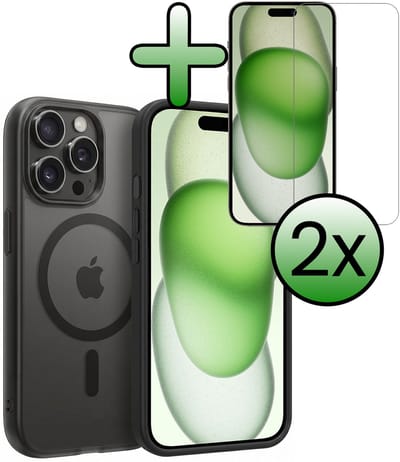 Hoesje Met 2x Screenprotector - Geschikt voor Apple iPhone 15 Pro - Magsafe Compatible - Sterk & Shockproof - Back Cover - Shock Proof Case - Telefoon Hoes - Zwart