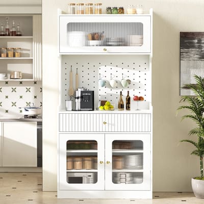 MIVRAY Buffetkast - Met LED Verlichting En Geribbeld Glas - Verstelbare Planken En Lade Voor Keuken En Eetkamer - Wit - 80x40x180 Cm