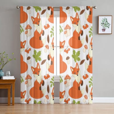 Schattige Vossen Paddenstoelen Bessen Bladeren Transparante Gordijnen voor Woonkamer Transparant Tule Raamgordijn Slaapkamer Keuken Sluier Gordijnen 135W x 114H(cm) orange