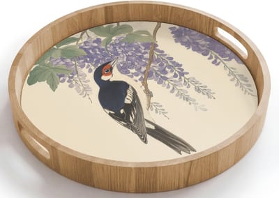 Dienblad rond 40x40 cm - Schootdienblad hout - Specht - Bloemen - Paars - Borrelplank rechthoek - Plateau houten dienbladen
