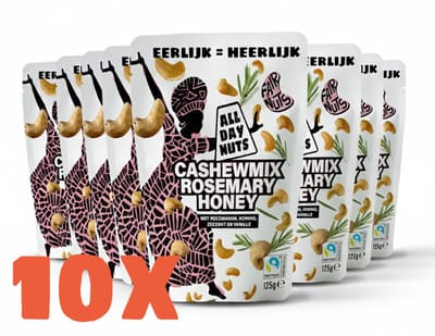 All Day Nuts - noodpakket 1,25KG– 10 x 125 g - Cashewmix Rosemary Honey – Gezonde Snack met Rozemarijn & Honing – 100% Natuurlijk & Biologisch – Energieboost voor Borrel, Feest & Onderweg - hersluitbare zak (RM 125 10)