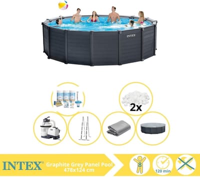 Intex Graphite Gray Panel Zwembad - Opzetzwembad - 478x124 cm - Inclusief Onderhoudspakket en Filterbollen