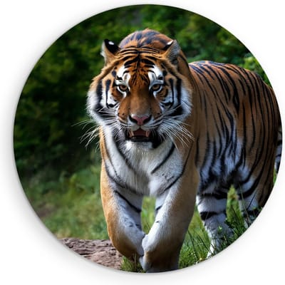Saammp Muurcirkel Hout - Tijger op bospad - Natuur - Dieren - Ø 90 - Wandcirkel - Wanddecoratie Cirkel - muurdecoratie Woonkamer - Slaapkamer decoratie - Rond Schilderij
