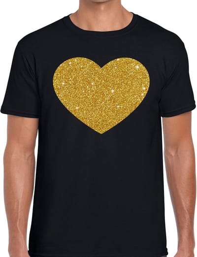 Gouden Hartje print T-shirt - met glitters print - feestkleding - zwart - voor heren - I Love - glamour S