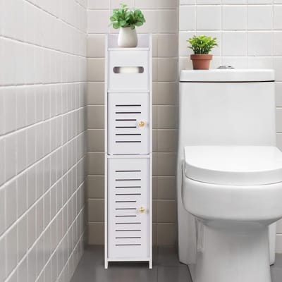Toiletpapierhouder en Boven-Toilet Opbergkast voor Badkamer, Smalle Hoekrek voor Kleine Ruimtes, Badkameropslag met Deuren voor Wit