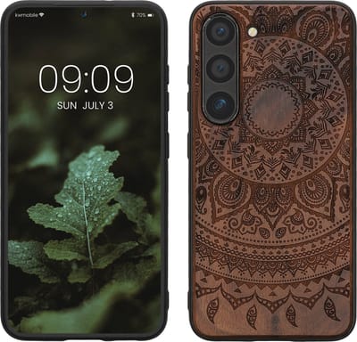 kwmobile telefoonhoesje geschikt voorSamsung Galaxy S23 - Hoesje met bumper - hout - In donkerbruin Indian Sun design