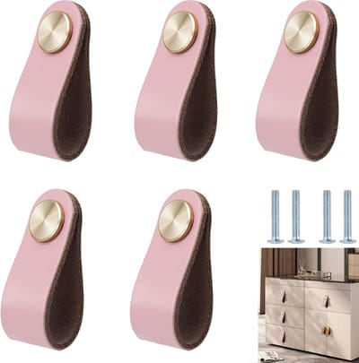 Lederen Handgrepen Set - 6 Stuks Meubelknoppen - 64x25mm Rundleer met Messing - Waterdicht en Kindveilig Design - voor Keuken Kast en Lade Renovatie - Roze