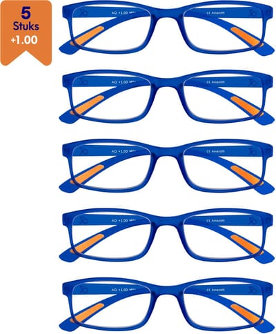 Amazotti Milano Leesbrillen +1.00 – Set van 5 – Trendy & Comfortabel – Italiaans Design – Lichtgewicht Kunststof – Dames & Heren – Blauw – Leesbril met Sterkte