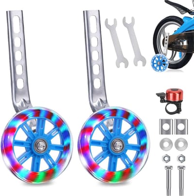 Zijwieltjes voor Kinderfiets - Stevige Zijwielen - Rubberen Antislip Wielen - 2 Stuks - Koolstofstalen Dubbele Lagers - Verstelbaar - LED Verlichting - incl. Montagemateriaal & Bel - Voor 12-20 inch - Kinderfietsaccessoires