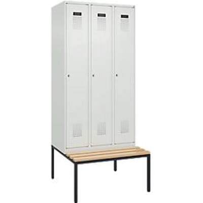 C+P Evolo Plus kledingkast, 3 vakken, 300 mm vakbreedte, met bank eronder, B 900 x D 815 x H 2120 mm, cilinder, lichtgrijs/lichtgrijs