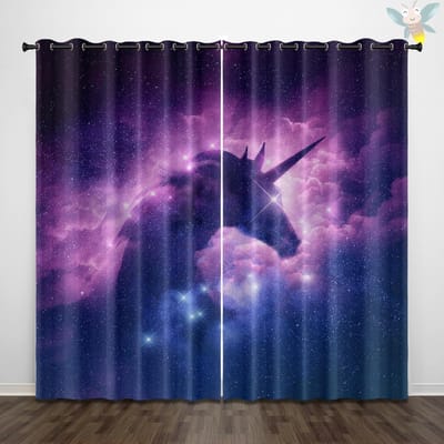 2 stuks gordijnen met sterrenhemel dier wolf eenhoorn patroonprint, gebruikt voor decoratie, slaapkamer, woonkamer 140x160cm&Grommet Top blue