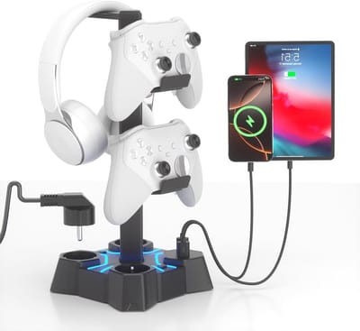 SnelShoppen - Headphone Stand met USB Charger, Controller Houder en Hoofdtelefoonhouder voor Bureau Accessoires (Zwart)