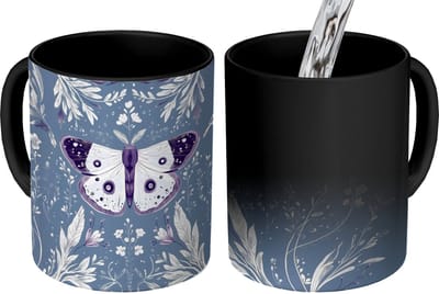 Magische Mok - Foto op Warmte Mokken - Koffiemok - Vlinder - Bloemtakken - Lichtblauw - Magic Mok - Beker - 350 ML - Theemok