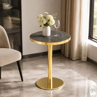 Bijzettafel - Ronde Marmerlook Tafel Met UV Tafelblad - Modern Voor Woonkamer En Slaapkamer - MDF En RVS - 60x60x73,5 Cm - Grijs Goud