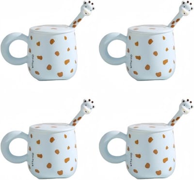 Schattige keramische mokken met deksel en lepel, 400 ml, set van 4, ideaal cadeau voor kinderen en volwassenen, blauw, roze, geel