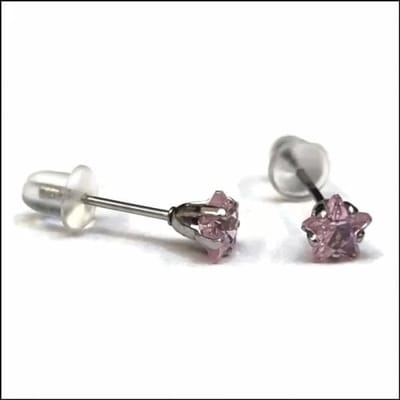 Aramat Jewels | Oorbellen | RVS Zweerknopjes Ster met Zirkonia - Sterretjes Oorstekers | Zilverkleurig / Roze / 5mm | |3mm | Staal | Kinderen, Volwassenen | Verkleurd niet