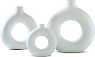 IvoQ Set van 3 Donut Vazen - Wit - Keramiek - Stijlvol & Tijdloos - Voor Woonkamer, Slaapkamer & Kantoor