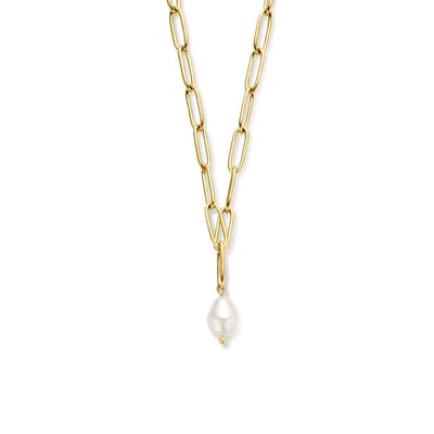 Lev Sieraden - Ketting - Collier - Paperclip Schakel rond met Synth. Parel - Goud - 4.3 mm 45 cm - Staal ion plating