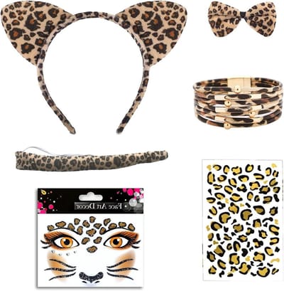 Dierenkostuum voor Vrouwen, 6-delig Set met Oren, Staart, Strik, Armband en Gezichtstatoeage voor Carnaval en Halloween