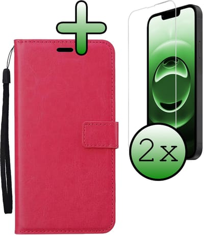 Hoesje Met 2x Screenprotector - Geschikt voor Apple iPhone 16e - Luxe Pasjeshouder - Bookcase Portemonee - Flip Case - Kunstleer Book Case - Flipcase Hoes - Book Cover - Walletcase - Portemonneehoes - Donkerroze
