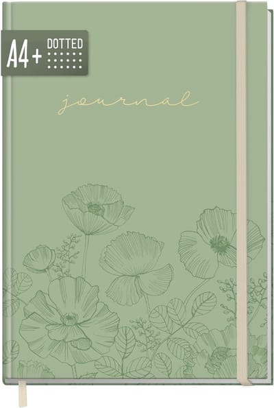 Thijox - Dotted Journal A4+ met elastiek 'Green Poppy' - 156 pagina's gestippeld notitieboek, duurzaam schetsboek, klimaatvriendelijk dagboek voor cre