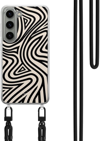 Hoesje met koord geschikt voor Samsung Galaxy S23 - Groovy lines - Inclusief Zwart koord - Crossbody beschermhoes - Transparant, Zwart - Mooie Telefoonhoesjes