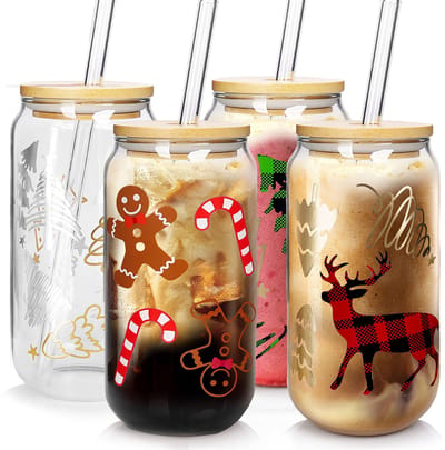 Dailygoods- Kerstmokken 532 ml - Set van 4 - Glazen met deksel - Rietjes en rietjesborstel - Kerstboommotief/rendiermotief - Stijlvolle woondecoratie - Kerstkopjes