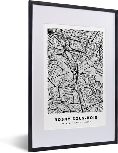 Fotolijst incl. Poster - Rosny-sous-Bois - Plattegrond - Frankrijk - Kaart - Stadskaart - 40x60 cm - Posterlijst