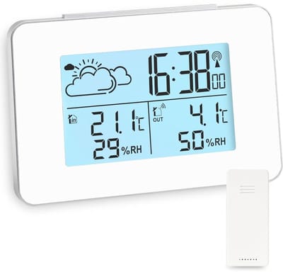 KAD® Weerstation Met Buitensensor -Weerstations - Weerstation Draadloos Binnen Buiten - Weerstation Binnen en Buiten - Wit - 13cm x 9cm x 4cm