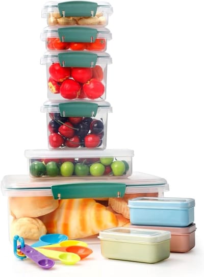 Set van 9 Voedselcontainers met 5 Lepels, Luchtdicht, Stapelbaar, Magnetronbestendig en BPA-vrij voor Versheid en Gemak