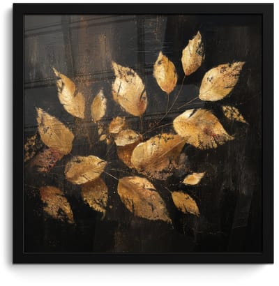 Poster in lijst - Fotolijst 40x40 cm - Posters - Gouden Bladeren op Donkere Achtergrond - Posterlijst zwart - Decoratie - Wanddecoratie woonkamer - Muurdecoratie slaapkamer