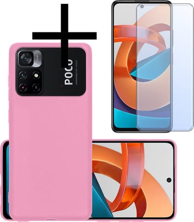Hoesje - Met Screenprotector - Geschikt voor Xiaomi Poco M4 Pro 5G - Sterk & Shockproof - Back Cover - Siliconen Case - Telefoon Hoes - Lichtroze