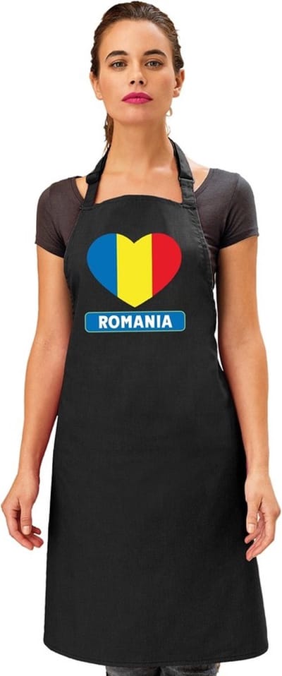 Keukenschort - Barbecueschort - I Love Roemenie vlag - zwart - heren en dames - Landen supporters - Gerechten - Avond