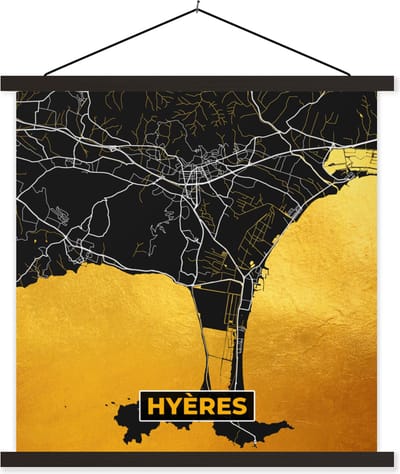 Posterhanger incl. Poster 60x60 cm - Schoolplaat - Stadskaart – Frankrijk – Kaart – Hyères – Plattegrond - Textielposter - Zwarte latten - Stadskaart