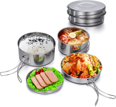 Famanu – 4-delige camping kookgerei set van roestvrij staal, compact en opvouwbaar voor picknick, camping en outdoor gebruik