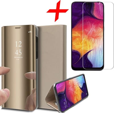 Hoesje geschikt voor Samsung A30s en Screenprotector - Book Case Spiegel + Screen Protector - Goud