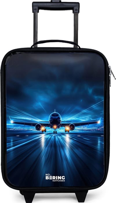 NoBoringSuitcases.com® - Kinderkoffer jongen - Kindertrolley meisje - Vliegtuig opstartend in futuristisch nachtlandschap - Koffer kind lichtgewicht - Reiskoffer trolley voor kinderen - Koffertje met lichtgevende wieltjes - Rolkoffer zwart