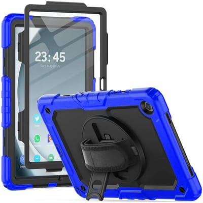Hoes met ingebouwde Screenprotector Geschikt voor Samsung Galaxy Tab A9 Plus | Inclusief 360° Draaibare Handriem en Schouderriem | Extreme bescherming | Ideaal voor zakelijk gebruik | Blauw