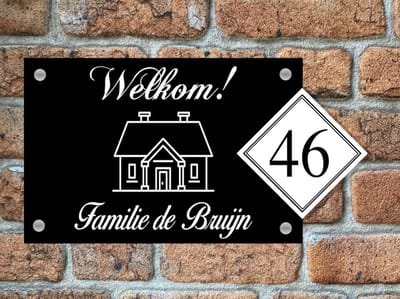 Naambordje | huisnummerbord | voordeur | welkom huisje | 20x38cm | Huisnummer | Glans zwart