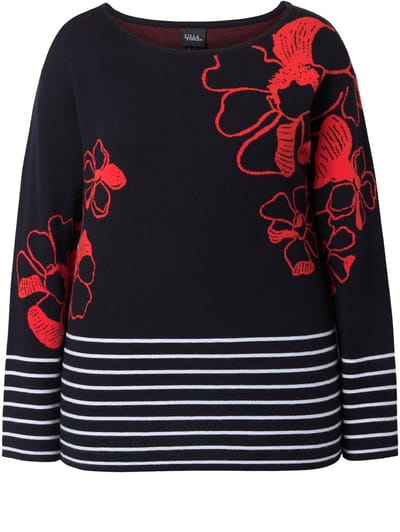 Ulla Popken - Dames - Trui bloemen boothals lange mouwen - Marine - Maat 42+