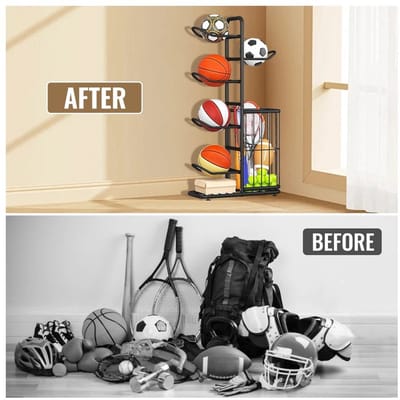 OwlyVision Sportmateriaal Organizer - Ballenrek voor Ballen en Rackets - Sportrek voor Garage, Schuur en Sportzaal - Opbergrek van Zwart Staal