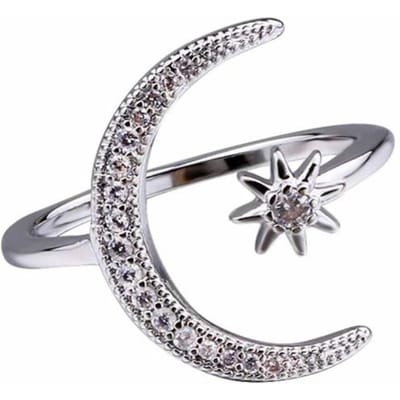 Bague créative étoile lune strass ouverture pour femmes, bijoux cadeau de mariage argenté