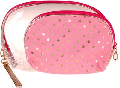 Toilettas Set Donkerroze - Transparant & Stof - Dots Goudkleurig - Rits & Handgreep - 21x13x2.5cm/26x16x6cm