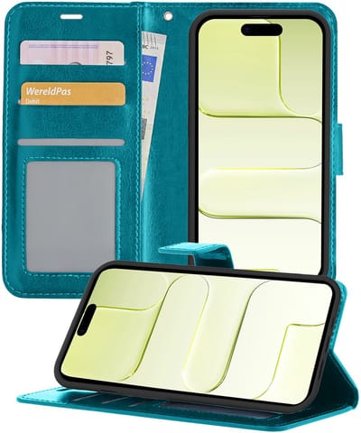 Hoesje - Met Pasjeshouder - Geschikt voor Apple iPhone Air - Luxe Bookcase Portemonee - Flip Case - Kunstleer Book Case - Flipcase - Book Cover - Walletcase - Portemonneehoes - Telefoonhoesjes - Turquoise