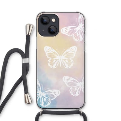 Case Company® - Hoesje met koord geschikt voor iPhone 13 mini hoesje met Koord - White butterfly - Telefoonhoesje met Zwart Koord - Bescherming aan alle Kanten en Over de Schermrand