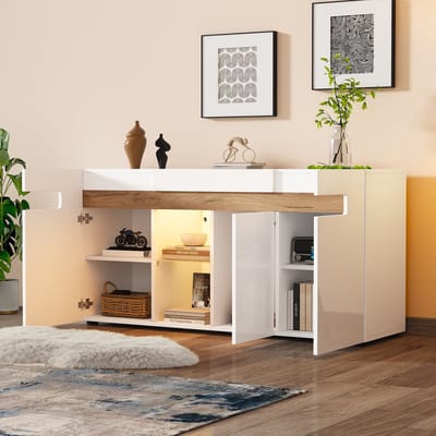 DESMIU Dressoir - Drie Deuren Met Ledverlichting En Slimme Bediening - Voor Woonkamer En Opbergruimte - Spaanplaat - 140x40x70 Cm - Wit Naturel